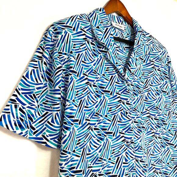 Vintage Worthington Blue Geometric Coastal Short Sleeve Top Plus 14 Collared - Picture 2 of 13